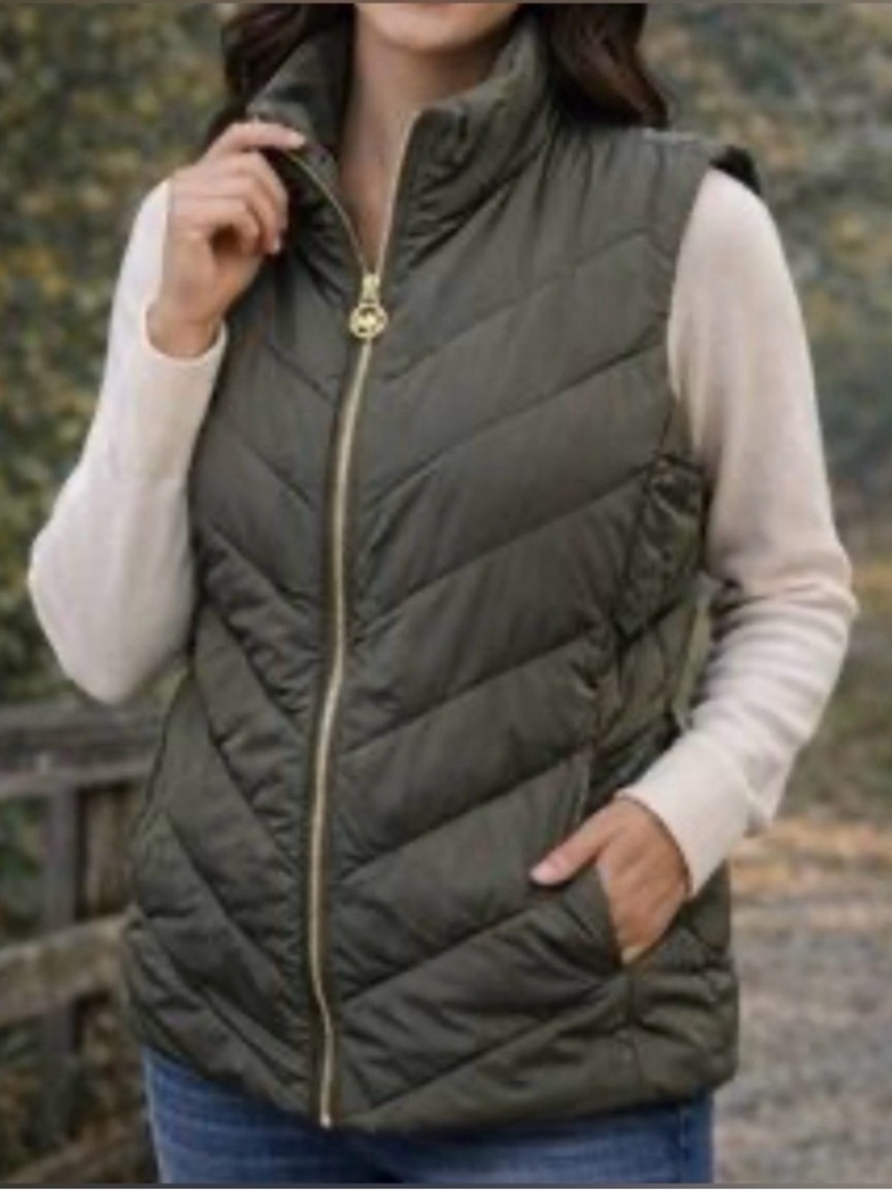 MICHAEL Michael Kors Olive Green Quilted Puffer Vest with Gold Zip